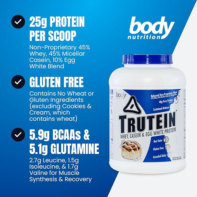 Body Nutrition Trutein High Protein Powder: 45% Whey, 45% Casein, 10% Egg White, Gluten-Free, Low Sodium, Grass Fed Whey Protein Powder, Gym Supplement & Breakfast Shake, Cinnabun, 4lb