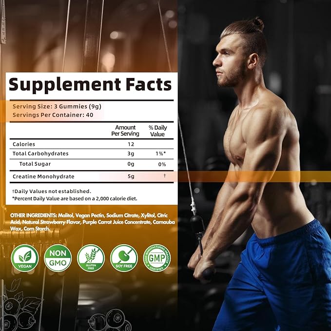 Creatine Monohydrate Gummies for Men & Women-5g of Creatine Monohydrate per Serving - Sugar Free,Vegan, Blueberry Flavor, 120 Count