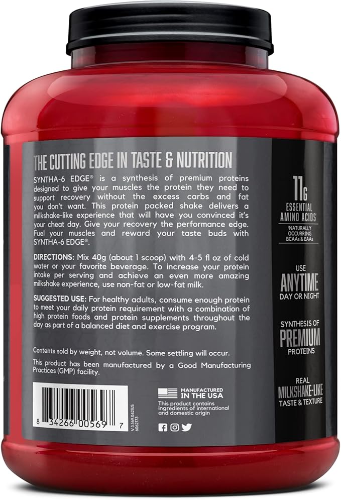 BSN SYNTHA-6 Edge Protein Powder, Chocolate with Hydrolyzed Whey, Micellar Casein, Milk Isolate, Low Sugar, 24g Protein, Milkshake, 48 Servings