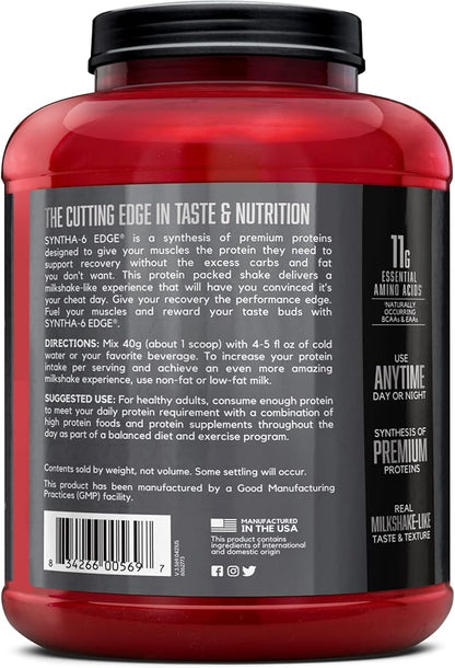 BSN SYNTHA-6 Edge Protein Powder, Chocolate with Hydrolyzed Whey, Micellar Casein, Milk Isolate, Low Sugar, 24g Protein, Milkshake, 48 Servings