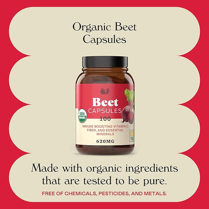 Organic Beet Root Capsules - Made in The USA, Naturally Boost Energy, Stamina, & Nitric Oxide with a Pure Organic Beet Root Supplement
