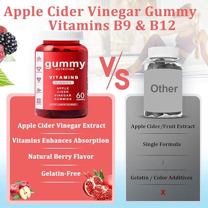 Apple Cider Vinegar Gummies - 60 Count, ACV Gummies Vitamin B12 Supplement, Vegan, Non-GMO, Gluten-Free & Gelatin Free, Apple Flavored Gummy Vitamins for Energy