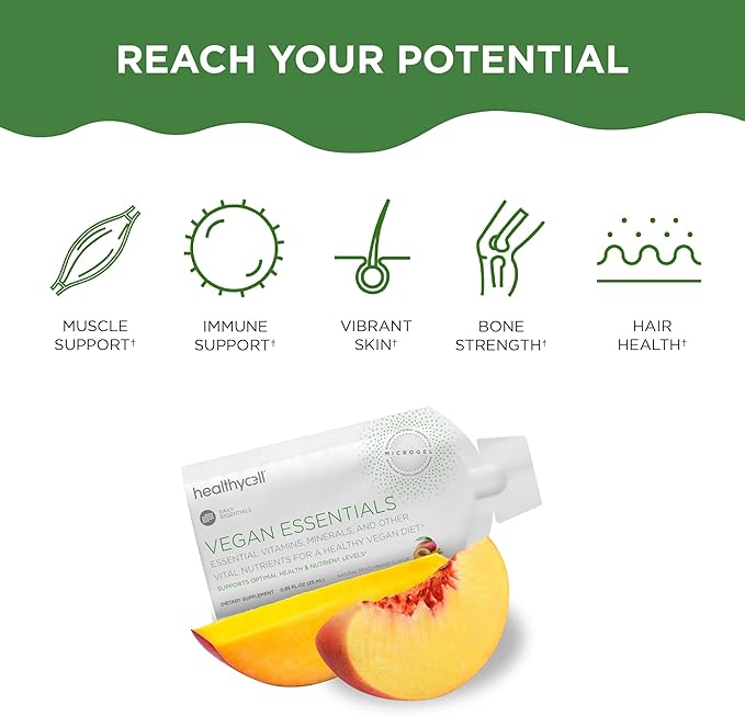 Healthycell Vegan Essentials - Liquid Multivitamin Supplement for Brain, Heart, Immunity, Energy, Skin and Hair Support - Vegan Multivitamin for Women & Men - Maximum Absorption - 30 Gel Packs
