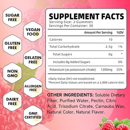 Potassium Citrate Gummies, High Potassium Supplement Gummies 1200mg Support Leg Cramps & Muscle Health, Potassium Gummies for Adults & Kids, Vegan, Raspberry Flavor 60 Count