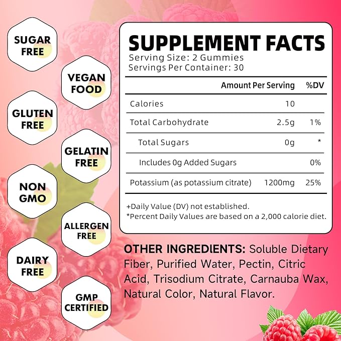 Potassium Citrate Gummies, High Potassium Supplement Gummies 1200mg Support Leg Cramps & Muscle Health, Potassium Gummies for Adults & Kids, Vegan, Raspberry Flavor 120 Count