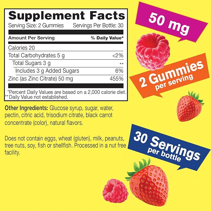 Zinc Gummies 50 mg - Supports Healthy Immune Function and Antioxidant Health - Natural Berry Flavor - Gluten-Free, GMO-Free - Chewable Gummy Dietary Supplement - 60 Gummies