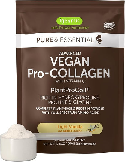 Advanced Vegan Vanilla Collagen Peptide Powder, Enhanced with Glycine, Proline & Hydroxyproline & Cofactor Vitamin C, Non GMO, Vegetarian Plant Based Collagen Powder Booster, 35 Servings, by Igennus