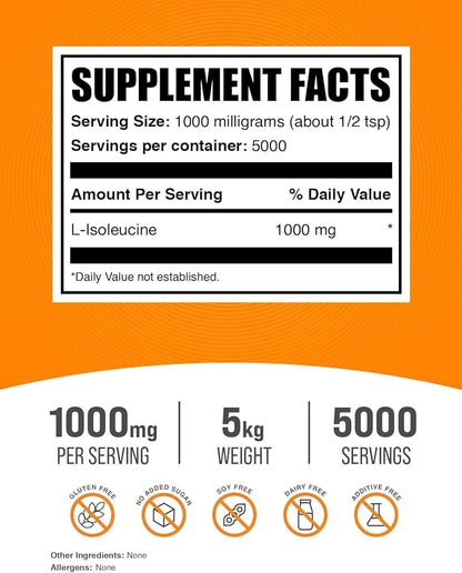 BulkSupplements.com L-Isoleucine Powder - Amino Acids for Immune Support, BCAA Supplement - Unflavored, Gluten Free - 1000mg per Serving (5 Kilograms - 11 lbs)