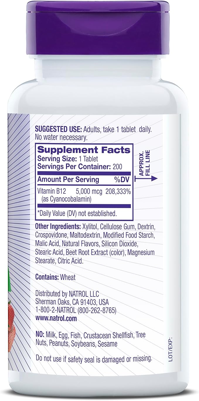Natrol Vitamin B12 5,000 mcg, Fast Dissolve Vitamin B12 Supplement Supports a Healthy Nervous System and Energy Metabolism, 200 Tablets, Up to a 200 Day Supply