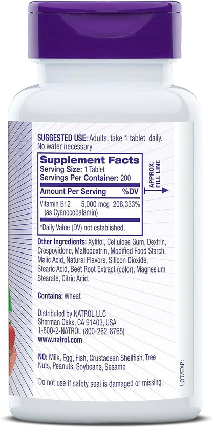 Natrol Vitamin B12 5,000 mcg, Fast Dissolve Vitamin B12 Supplement Supports a Healthy Nervous System and Energy Metabolism, 200 Tablets, Up to a 200 Day Supply