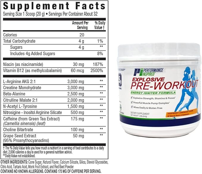 Performance Inspired Nutrition Pre-Workout Powder - All Natural - G-Free & Vegan Formula - Contains Citrulline - Nitrosigine - Green Tea - Arginine - Beta Alanine - Raspberry Lemonade - 23.84 Ounce