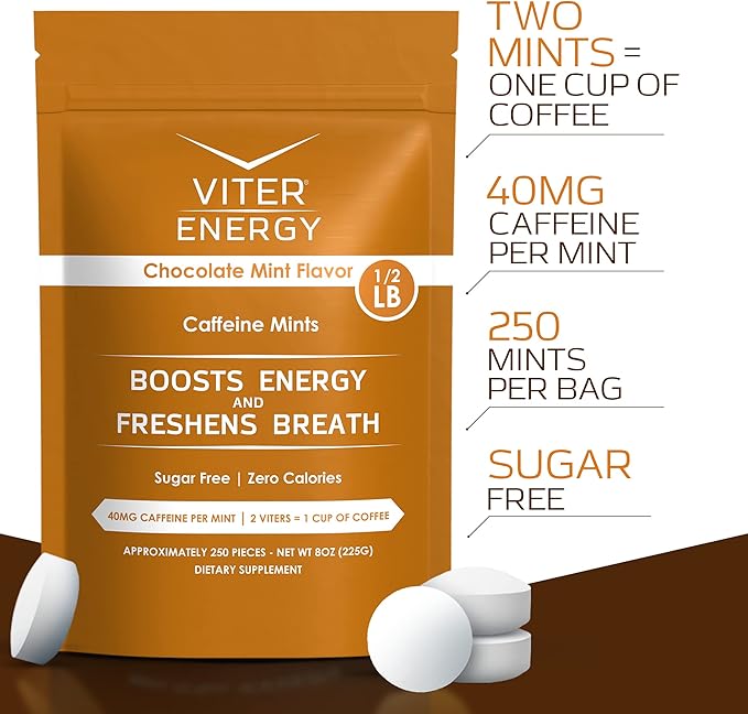 Viter Energy Caffeinated Mints 40mg Caffeine, B Vitamins, Sugar Free. (Chocolate Mint, 8oz, Bulk Bag)
