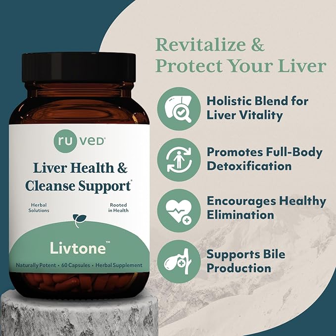 Ruved Livtone, Powerful Doctor-Formulated Liver Support with Berberine, Andrographis and Amla, Ayurvedic Herbal Supplement for Detoxification and Gastrointestinal Health, 60 Vegetarian Capsules