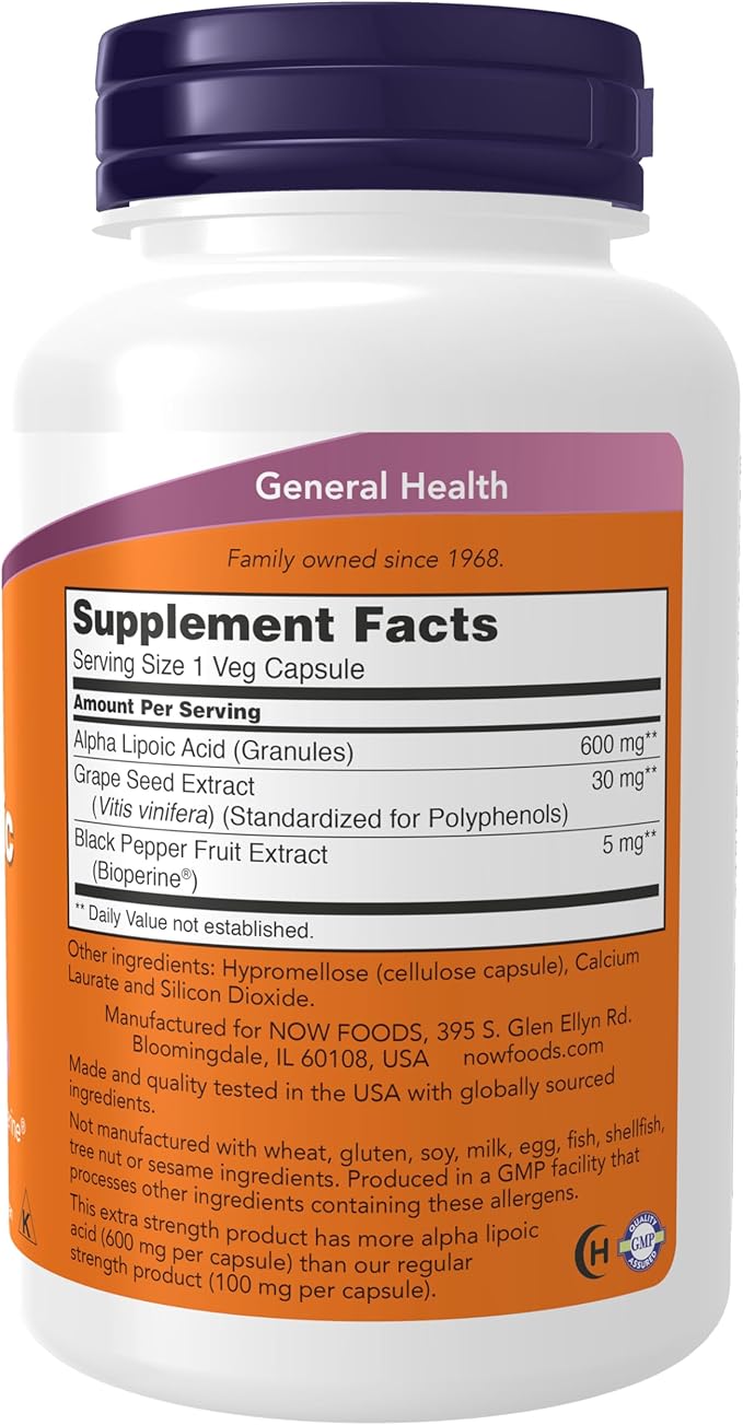 NOW Foods Supplements, Alpha Lipoic Acid 600 mg with Grape Seed Extract & Bioperine®, Extra Strength, 120 Veg Capsules