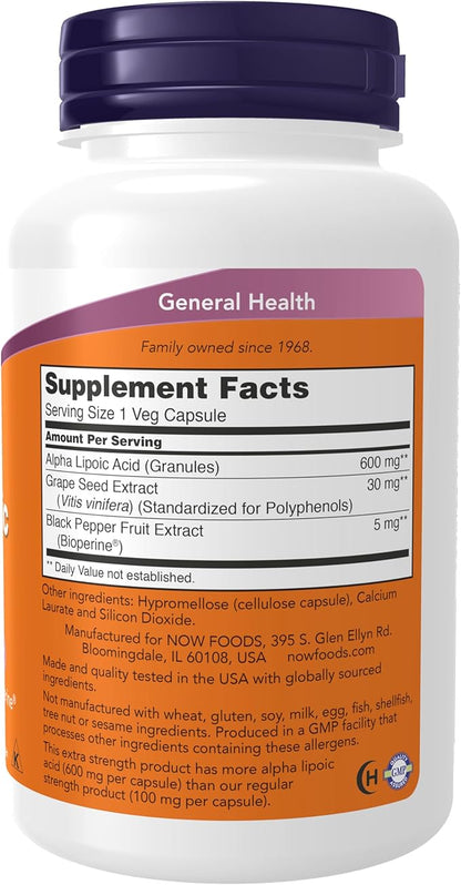 NOW Foods Supplements, Alpha Lipoic Acid 600 mg with Grape Seed Extract & Bioperine®, Extra Strength, 120 Veg Capsules