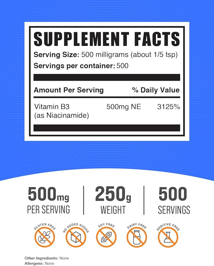 BULKSUPPLEMENTS.COM Niacinamide Powder - Niacinamide Supplement, Vitamin B3 Supplement, Niacinamide 500mg - B3 Vitamins for Skin Health, Pure & Gluten Free - 500mg per Serving, 250g (8.8 oz)