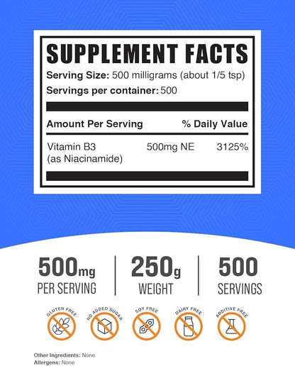 BULKSUPPLEMENTS.COM Niacinamide Powder - Niacinamide Supplement, Vitamin B3 Supplement, Niacinamide 500mg - B3 Vitamins for Skin Health, Pure & Gluten Free - 500mg per Serving, 250g (8.8 oz)