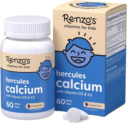 Renzo's Hercules Calcium Supplement with Vitamin D3 & K2 - Dissolvable - for Ages 2+ - Kids Vitamins - 60 Grape-Flavored Melty Tabs