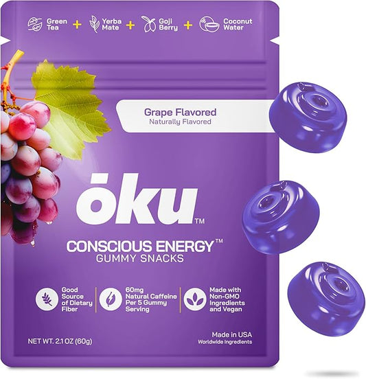 ōku Conscious Energy Gummy Snacks – Natural Caffeine from Green Tea & Yerba Mate, Vegan, Clean Ingredients, Gluten-Free, Focused Energy, Antioxidants & Fiber, Grape Pack of 12