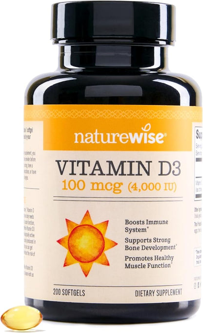 NatureWise Vitamin D3 4000iu (50 mcg) 200-Day Supply for Immune Support, Healthy Muscle Function, and Bone Health - Non-GMO, Gluten Free in Organic Extra Virgin Olive Oil, (Mini Softgel), 200 Count