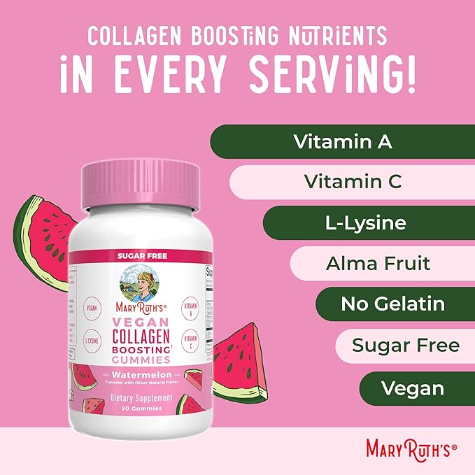 MaryRuth Organics Vegan Collagen for Women & Men, Collagen Boosting Gummies, Skin Care, Lysine, Vitamin C, Vitamin A, Amla, Supplement for Hair & Skin, Vegan, Non-GMO, Gluten Free, 90 Servings