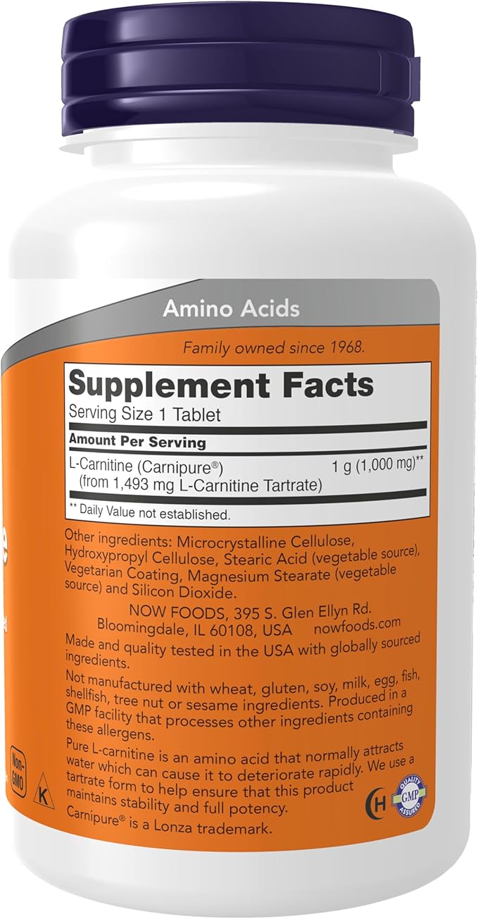 NOW Foods Supplements, L-Carnitine 1,000 mg, Purest Form, Amino Acid, Fitness Support*, 50 Tablets
