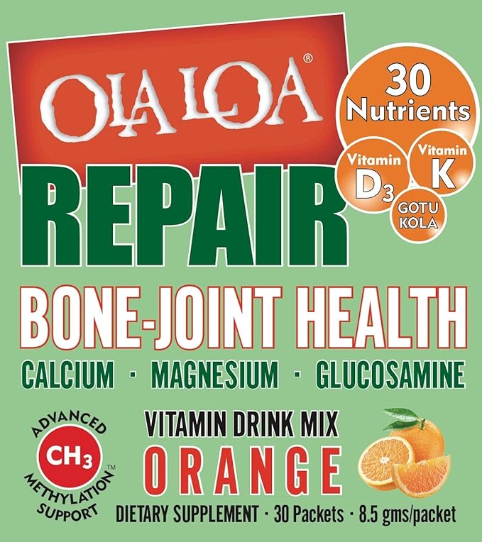 Ola Loa Repair Orange Multivitamin Drink Mix - Daily Bone & Joint Supplement, Calcium, Magnesium, Glucosamine, Anti-Aging Vitamin - Give Your Body The Nutrient Support it Deserves - 30 Packets (9oz)