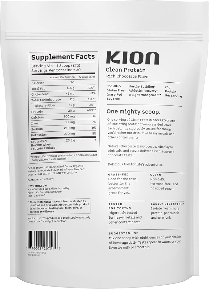 Kion Clean Protein | Grass-Fed & Pasture-Raised Whey Isolate Protein Powder | Rich Chocolate | 30 Servings