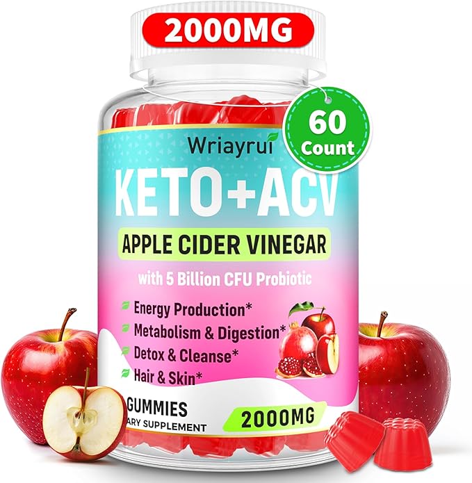 Apple Cider Vinegar Gummies, Fast Ripped Keto ACV Gummies, Max Strength 2000mg, Formulated with Green Tea, Probiotics, B6 & B12, ACV Gummies for Metabolism, Digestion, Detox & Cleanse, 60 Gummies