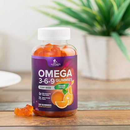 Omega 3 6 9 Vegan Gummies - Triple Strength Omega 3 Supplement Essential Oil Gummy - Omega 369 Heart Support and Brain Support for Women, Men & Pregnant Women, Non-GMO, Orange Flavor - 120 Gummies