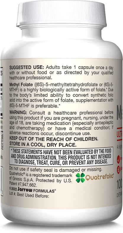 Jarrow Formulas® Methyl Folate 1000 mcg, Dietary Supplement, Methyl Folate for Cellular Energy Support, 100 Veggie Capsules, 100 Day Supply