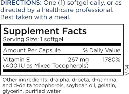 Metabolic Maintenance Vitamin E Complex (Mixed Tocopherols) 400 IU with D-Alpha D-Beta D-Gamma + D-Delpha Supplement - Cardiovascular + Antioxidant Support (90 Capsules)