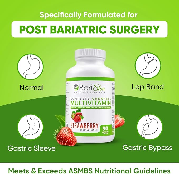 BariSlim Chewable Bariatric Multivitamin - 45mg Iron - Tailored for Post Bariatric Surgery, Including Gastric Bypass & Gastric Sleeve - Support Your Recovery Journey | Strawberry Flavor
