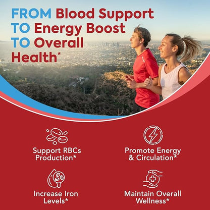 Iron Supplement 65mg with Natural Vitamin C, Gentle on The Stomach, High Absorption, for Red Blood Cell Function, Energy Support, and Muscle Health, Once Daily, Vegan, 60 Tabs