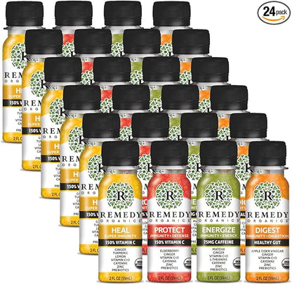 Remedy Organics Immunity Plus Shot, Variety 24-Pack | Boost Energy, Brain Function, Detoxification, and Metabolism | Certified-Organic Ingredients