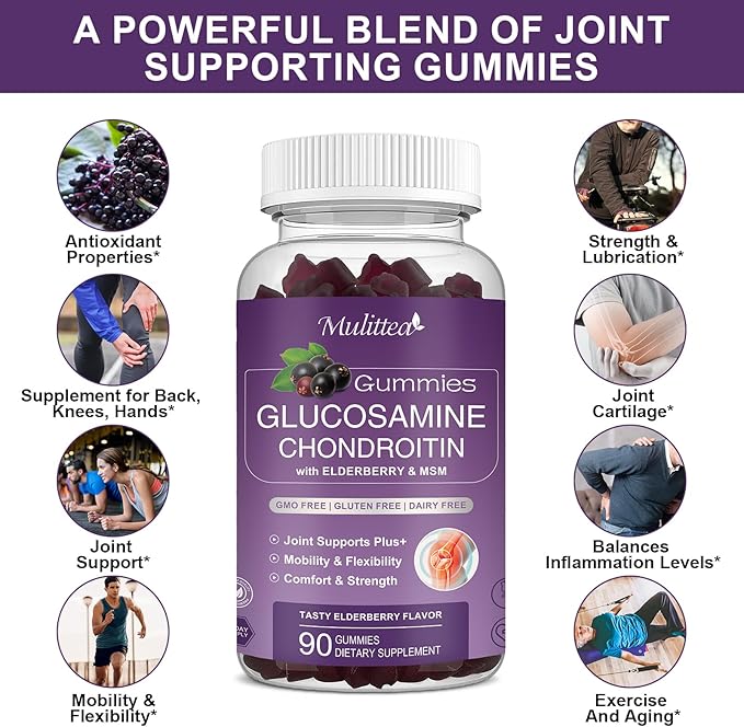 Glucosamine Chondroitin Gummies - Extra Strength Joint Support Supplement with MSM & Elderberry for Natural Joint, Antioxidant Immune Support for Adults, Men & Women-90 Gummies