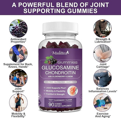Glucosamine Chondroitin Gummies - Extra Strength Joint Support Supplement with MSM & Elderberry for Natural Joint, Antioxidant Immune Support for Adults, Men & Women-90 Gummies