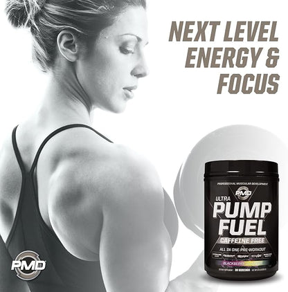 PMD Sports Ultra Pump Fuel Caffeine Free - Pre Workout Drink Mix - Energy, Strength, Endurance, Recovery Complex Carbohydrates and Amino Energy - BlackBerry Lemonade (30 Servings)