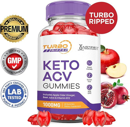 Turbo Ripped Keto ACV Gummies Advanced Formula 1000MG Turbo Ripped Keto Gummies Apple Cider Vinegar Formulated with Pomegranate Beet Juice Powder B12 Vegan Non GMO 60 Gummys