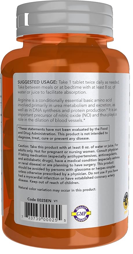 NOW Foods Sports Nutrition, L-Arginine Double Strength 1000mg, Nitric Oxide Precursor, Amino Acids, 60 Tablets