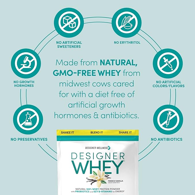 Designer Wellness, Designer Whey, Natural Whey Protein Powder with Probiotics, Fiber, and Key B-Vitamins for Energy, Gluten-Free, French Vanilla, 2 lb