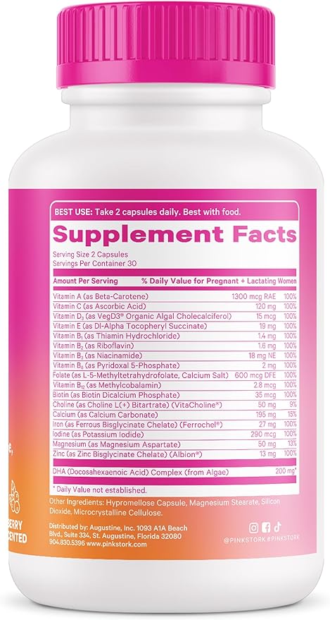 Pink Stork Total Prenatal Vitamins with DHA, Folate, Iron, Choline, and Vitamin B12 - Prenatals for Women to Support Fetal Development, Pregnancy Must Haves - 60 Capsules, 1 Month Supply