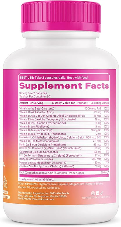 Pink Stork Total Prenatal Vitamins with DHA, Folate, Iron, Choline, and Vitamin B12 - Prenatals for Women to Support Fetal Development, Pregnancy Must Haves - 60 Capsules, 1 Month Supply