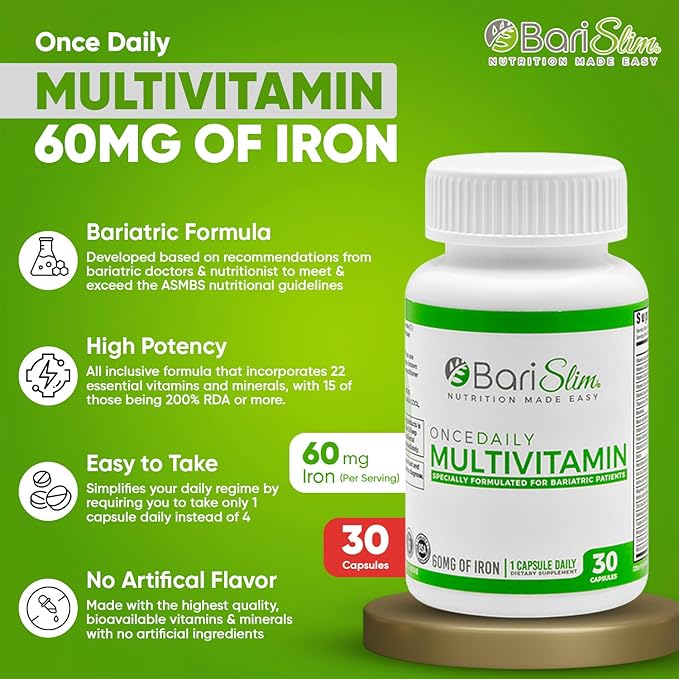 BariSlim Once Daily Bariatric Multivitamin Capsule - 60mg of Iron - Bariatric Vitamin & Supplement for Post Bariatric Surgery Including Gastric Bypass & Gastric Sleeve | 30 Day Supply
