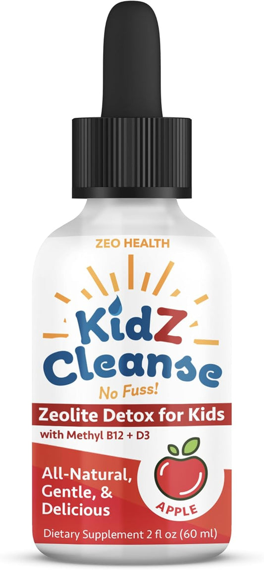 Kidz Cleanse | Zeolite Detox for Kids | Development, Behavior, Energy and Gut Health Support Supplement | Easy to Take, Pure Liquid Zeolite Drops + Methyl B12 + D3 (Apple Flavor) - 2oz