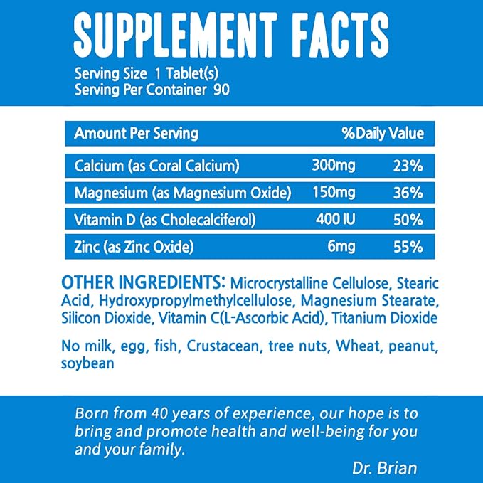 Dr. Brian Calcium Supplement Supports Bone Strength, Calcium Magnesium Zinc with Vitamin D3 & Multiminerals Help Joint Teeth Health, Magnesium Supplement, Non-GMO, Soy and Gluten Free (90 Tablets)