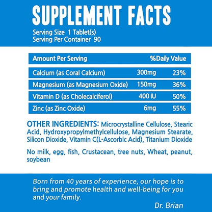 Dr. Brian Calcium Supplement Supports Bone Strength, Calcium Magnesium Zinc with Vitamin D3 & Multiminerals Help Joint Teeth Health, Magnesium Supplement, Non-GMO, Soy and Gluten Free (90 Tablets)