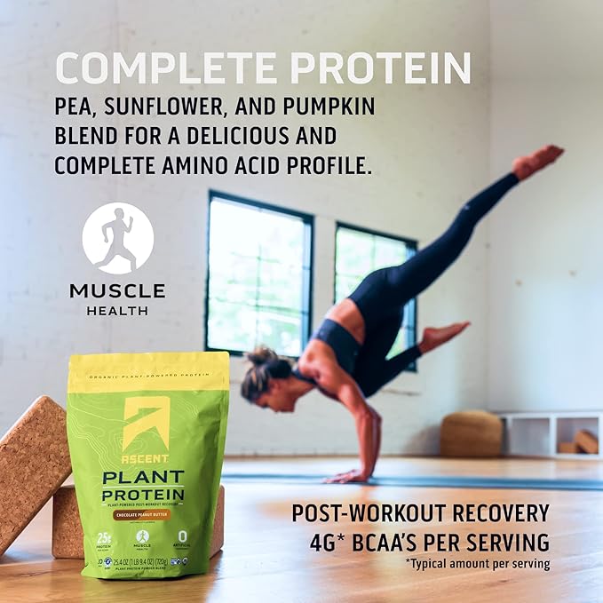 Ascent Plant Based Protein Powder - Non Dairy Vegan Protein, Zero Artificial Ingredients, Soy & Gluten Free, No Added Sugar, 4g BCAA, 2g Leucine - Chocolate, 18 Servings