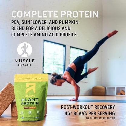 Ascent Plant Based Protein Powder - Non Dairy Vegan Protein, Zero Artificial Ingredients, Soy & Gluten Free, No Added Sugar, 4g BCAA, 2g Leucine - Chocolate, 18 Servings