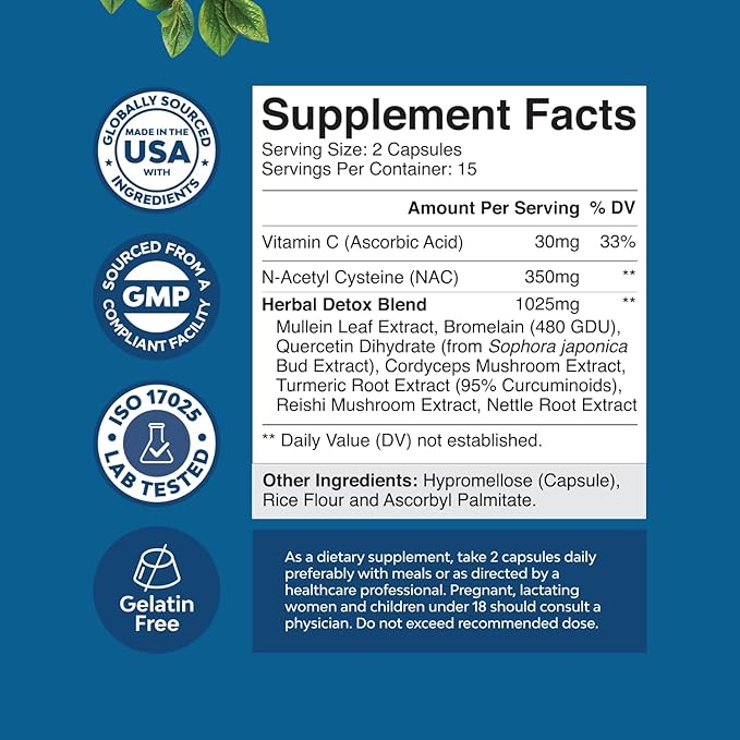 Lung Detox Mullein Leaf Capsules - Purifying Mullein Lung Cleanse Complex with NAC Quercetin & Cordyceps Extracts - Mullein Leaf Herb Respiratory Supplement for Sinus Immunity & Breathing Support 30ct